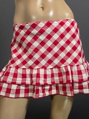 Vintage Y2K Ruffled Micro Mini Skirt Red Gingham Size M Linen Cotton Made In USA